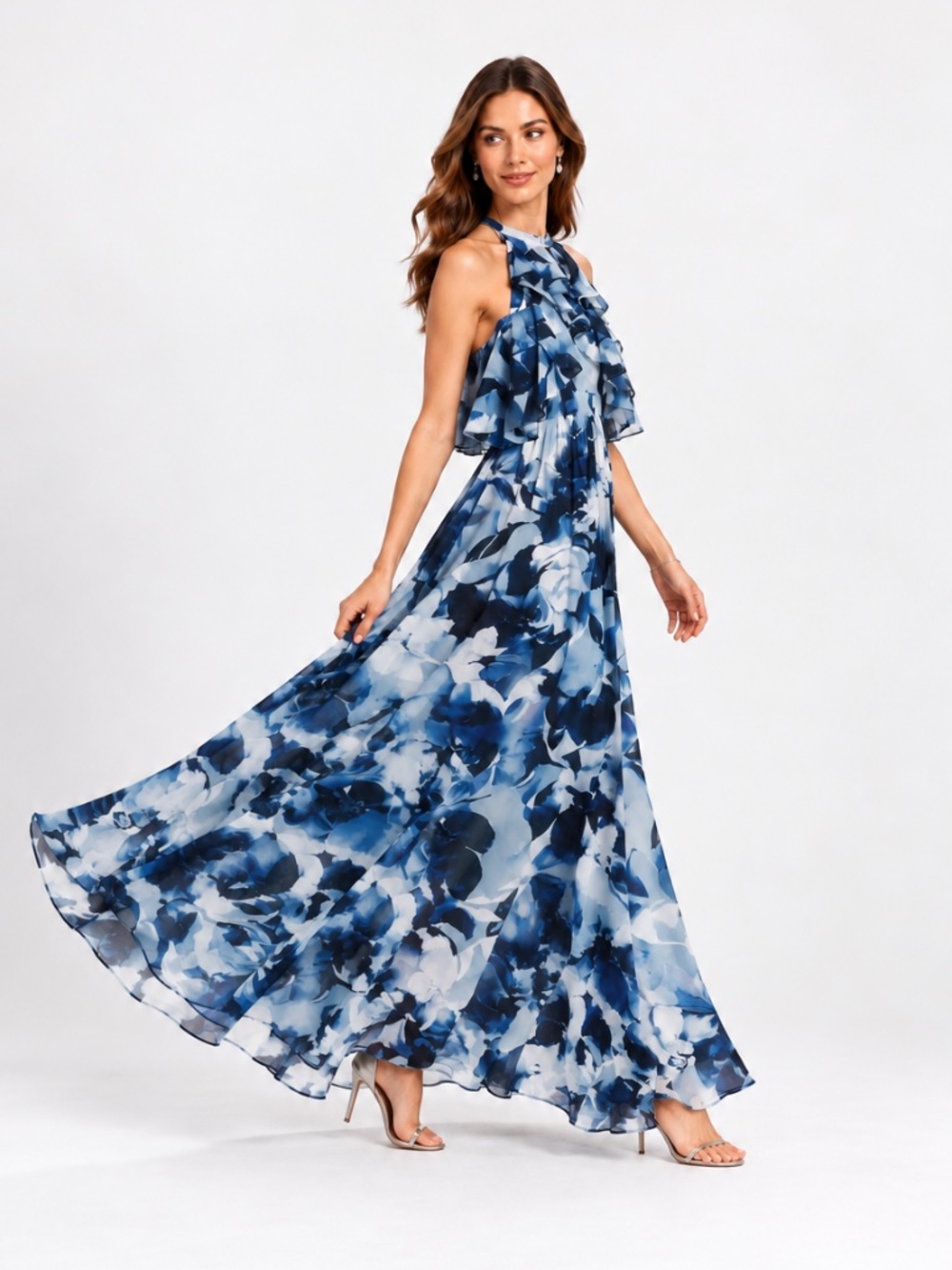 NWT Antonio Melani Lupe Floral Ruffle Halter Maxi Dress Blue Size 0